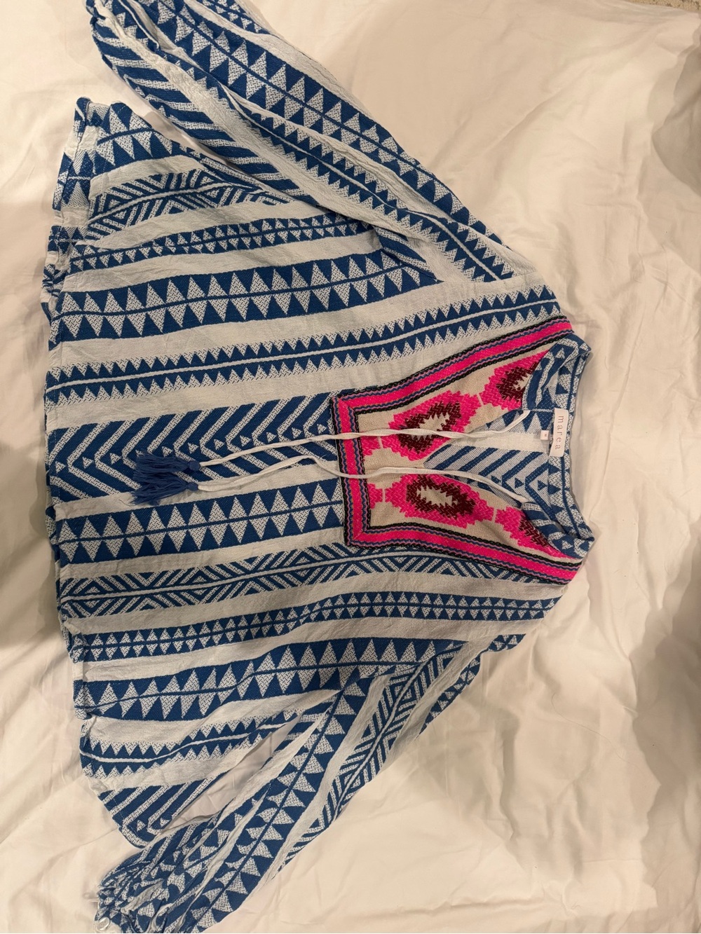 Boho Blue & White Striped Embroidered Peasant Blouse with Pink Accents